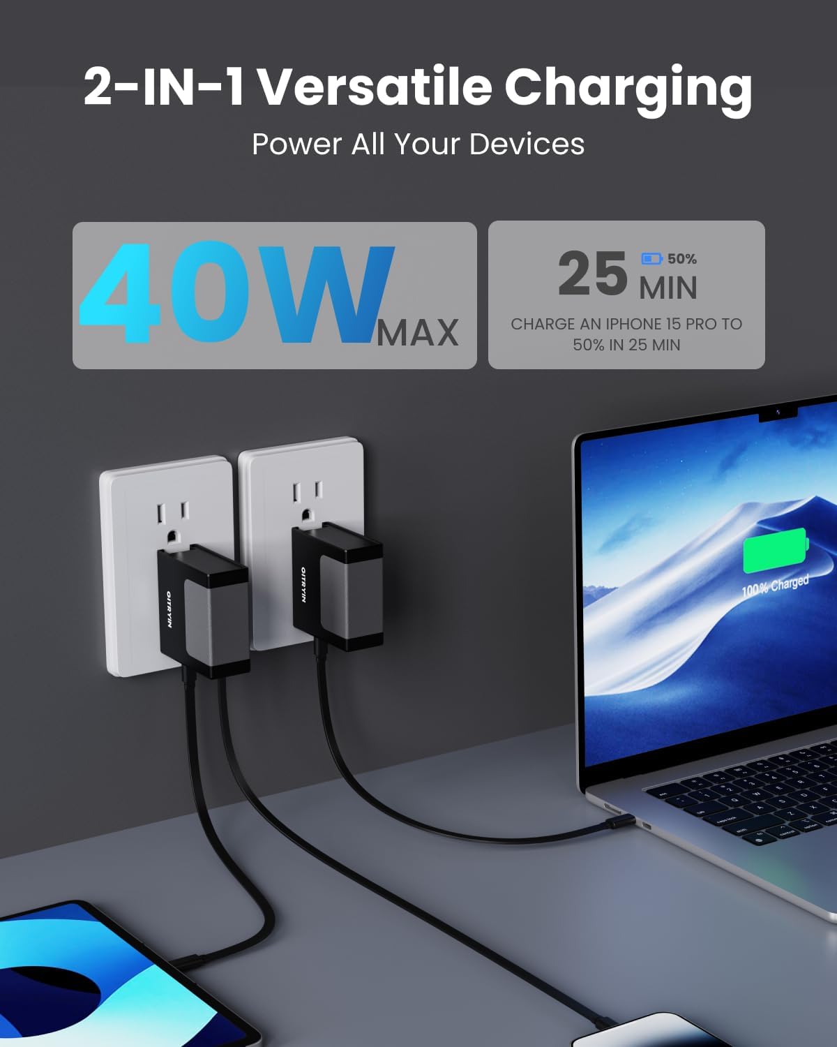 Gitryin Portable USB C Charger Block, 40W Retractable Wall Charger, 40W Fast Charging Block with 33.5in Type-C Cable, Portable Power Adapter with Foldable Plug, Black - Image 3