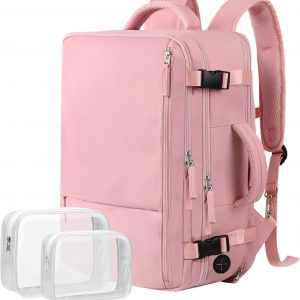 Hanples Carry on Travel Backpack for Women, Large 40L Personal Item Luggage Backpack,17inch Laptop Backpack TSA Flight Approved, Travel Essentials Casual Daypack with 2 Toiletry Bags (Pink)