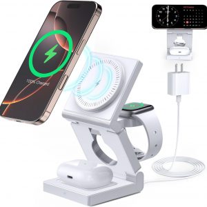 3 in 1 Wireless Charging Station for Apple Multple Devices – Foldable Magnetic Wireless Charger Dock -Travel 18W Charging Pad for iPhone 17 16 15 14 13 12 Pro/Pro Max/Plus/Watch & Airpods All Series