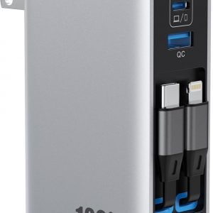 120W USB C Charger Block with 2 Built-in Retractable Cables,4-in-1 GaN IV Foldable Plug Wall Charger Fast Charging Station,PD 65W Laptop Adapter for MacBook/iPad,iPhone 17/16/15/14,Galaxy,Android etc