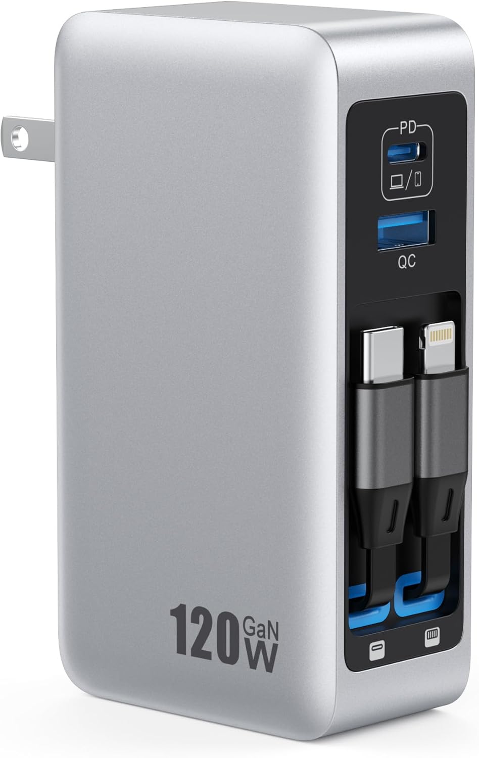 120W USB C Charger Block with 2 Built-in Retractable Cables,4-in-1 GaN IV Foldable Plug Wall Charger Fast Charging Station,PD 65W Laptop Adapter for MacBook/iPad,iPhone 17/16/15/14,Galaxy,Android etc