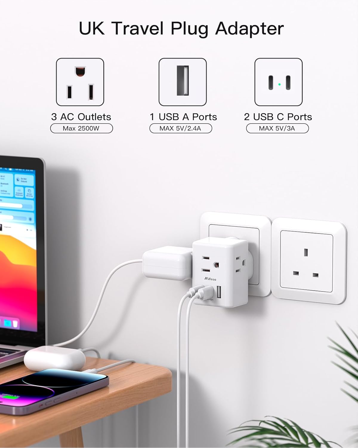 2 Pack US to UK Plug Adapter, Mifaso Type G Power Adapter with 3 Outlet 3 USB Charger, International Plug Adapter, USA to Dubai England Ireland British London Hong Kong Singapore Travel Essentials - Image 3