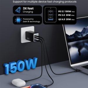 150W USB C Charger Block,GaN III Compact Foldable Wall Charger 3 Port Fast Charging Station,PD QC PPS Portable USB C Hub 100W Laptop Adapter for MacBook Pro/Air,iPad,iPhone 17/Pro,Galaxy S24,Dell etc