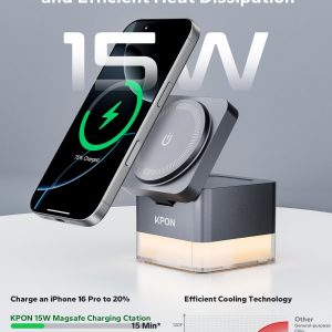 KPON for iPhone Nightstand Charging Station,15W 3 in 1 Wireless Phone Charger Stand with Night Lamp, Travel Foldable Magnetic Cube Magsafe Dock for iPhone 17 16 15 14 13 12 Series/Apple Watch/Airpods