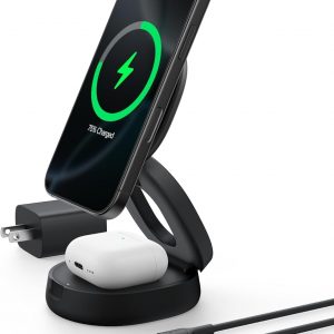 Belkin MagSafe Charger Compatible, 2-in-1 Qi2 Wireless Charging Station 15W, Convertible Charger for iPhone 17, Apple Watch, AirPods, Pixel 10, Portable Phone Stand for Travel w/ 30W Adapter – Black