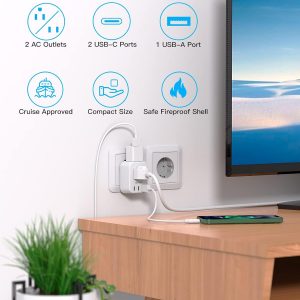 European Travel Plug Adapter USB C, HANYCONY International Plug Adapter, US to Europe Adapter Plug 2 Outlets 3 USB Ports(2 C Port), Type C Power Adapter to Italy Spain France Portugal Iceland Germany