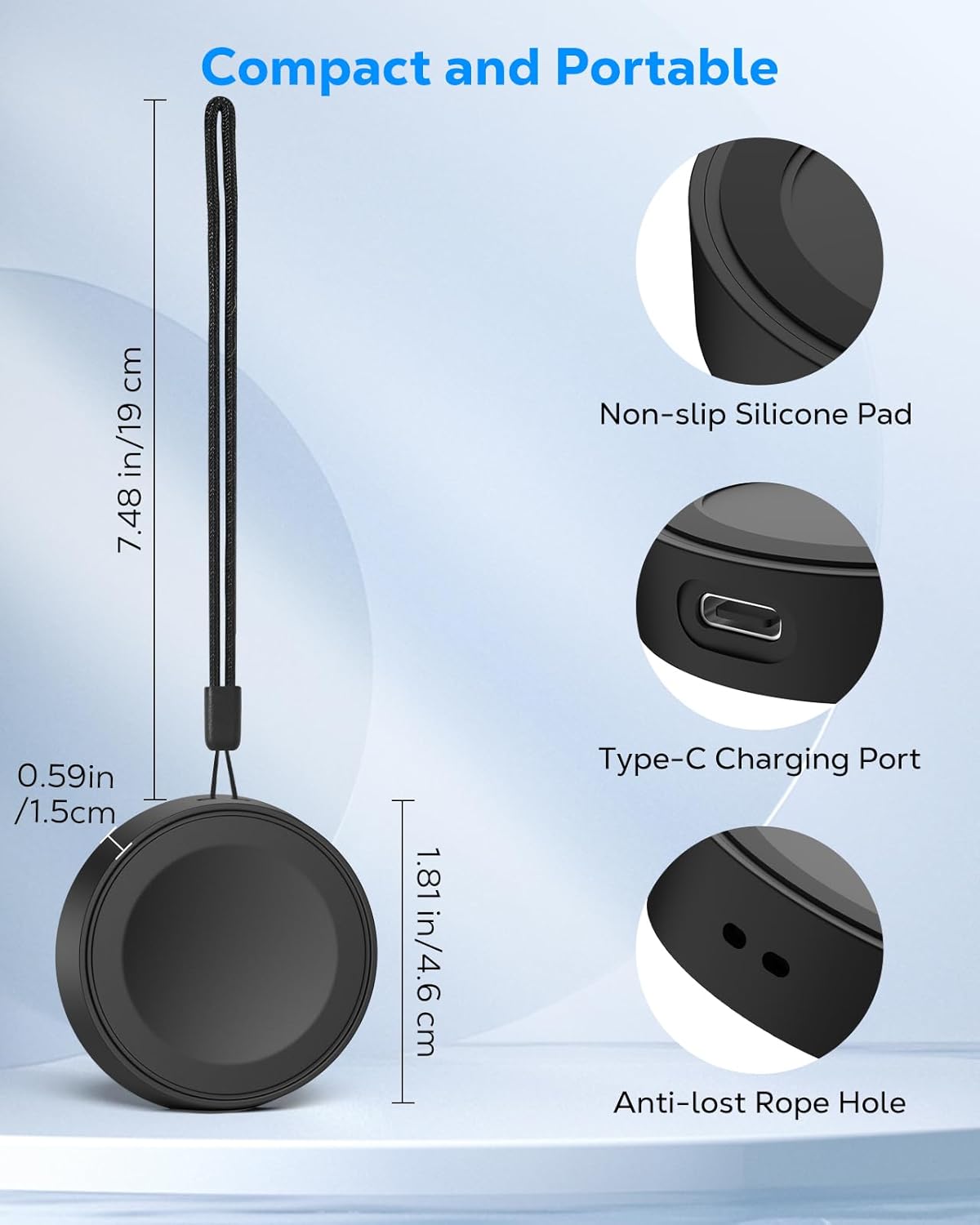 MoKo Portable Charger for Apple Watch, Magnetic Charger Adapter for iWatch Series 11 10 9 8 7 6 5 4 3 2 1, SE3/2/1, Ultra3/2/1, 5V/1A Fast Charging Dock with USB-C Port and Anti-Loss Lanyard, Black - Image 3