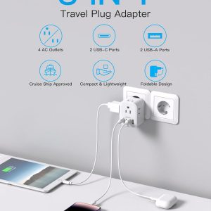 2 Pack European Travel Plug Adapter, HANYCONY International Power Adapter 4 Outlets 4 USB C Ports (2 USB C), Foldable Type C Adapter for US to Most Europe EU Italy Spain Greece Portugal France Germany