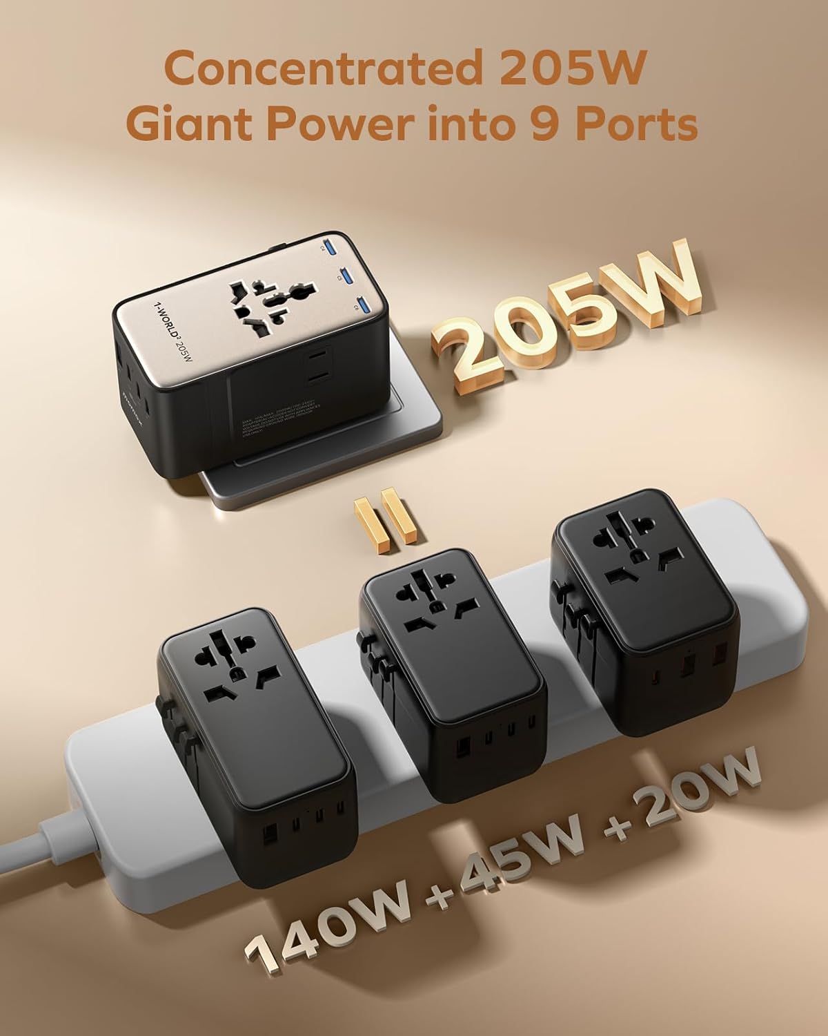MOMAX GaN 205W Universal Travel Adapter, 9-in-1 European Travel Plug Adapter, 6 USB-C PD Fast Charging & 1 USB-A QC, 2 AC, International Power Adapter UK AUS JP, Travel Essentials - Image 3