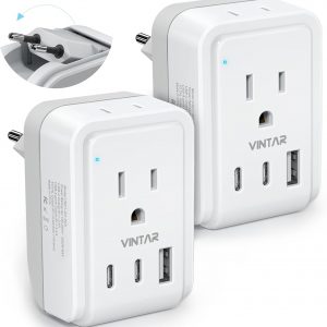 2 Pack European Travel Plug Adapter, VINTAR Foldable International Power Adapter with 2 AC Outlets 3 USB Charging Ports(2 USB C), Type C Power Adaptor to Most Europe Italy Spain France Iceland Germany