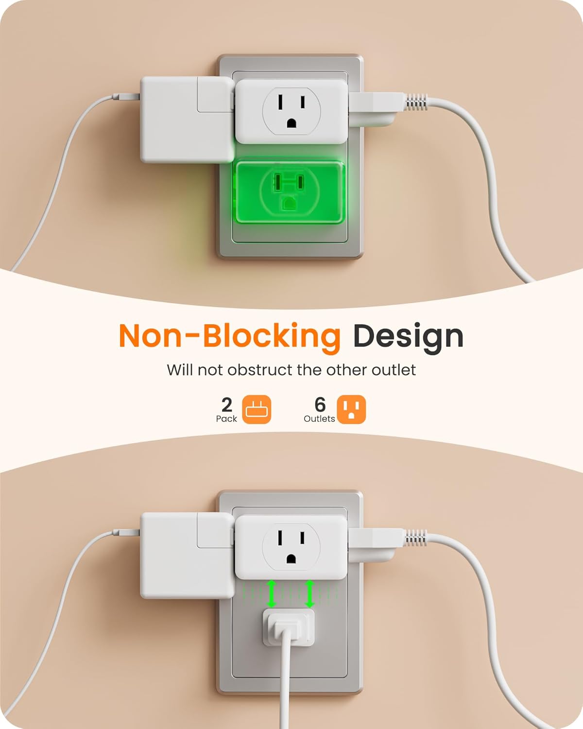 LENCENT 2 Prong to 3 Prong Outlet Adapter,Wall Plug Extender,Multiple Outlet Wall Plug with 3 AC Outlets,Non-Grounded Outlets Expander for Japan Travel Kitchen Office Bathroom Older House,2 Pack - Image 3