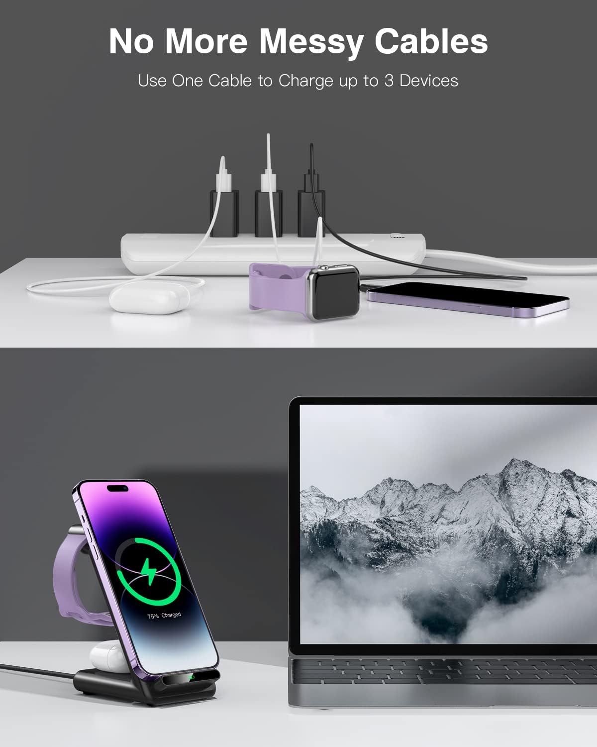 Wireless Charging Station,3 in 1 Charging Stand Made for Apple Watch Ultra 11 10 9 8 7 6 SE 5 4 3,Fast Wireless Charger Made for iPhone 17/Air/16/15/14/13/12,for AirPods Pro(with Adapter) (Black) - Image 8