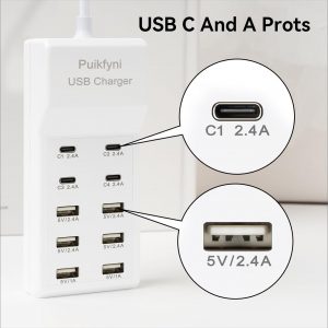 Portable USB C Charging Station,4 -C- Ports, USB Charging hub 10-Ports/USB c Charger Block for Multiple Devices Phones Tablet Smartwatch Headphones Speakers (USB-4C+6A)