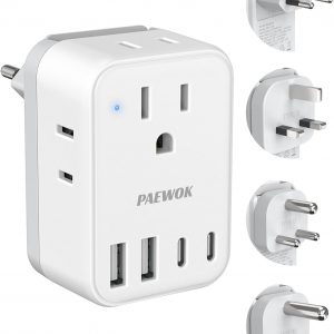 International Travel Adapter Set, US to UK/EU/South Africa/India Universal Power Adapter- 4 AC Outlets 4 USB Ports (2 USB C), Travel Plug Adapter Kit Include Type G/C/M/D Detachable Plug