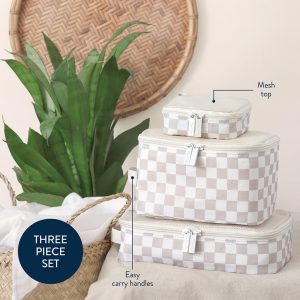 Itzy Ritzy Packing Cubes for Travel – Set of 3 Packing Cubes or Travel Organizers; Each Cube Features a Mesh Top, Double Zippers and a Fabric Handle (Checkerboard)