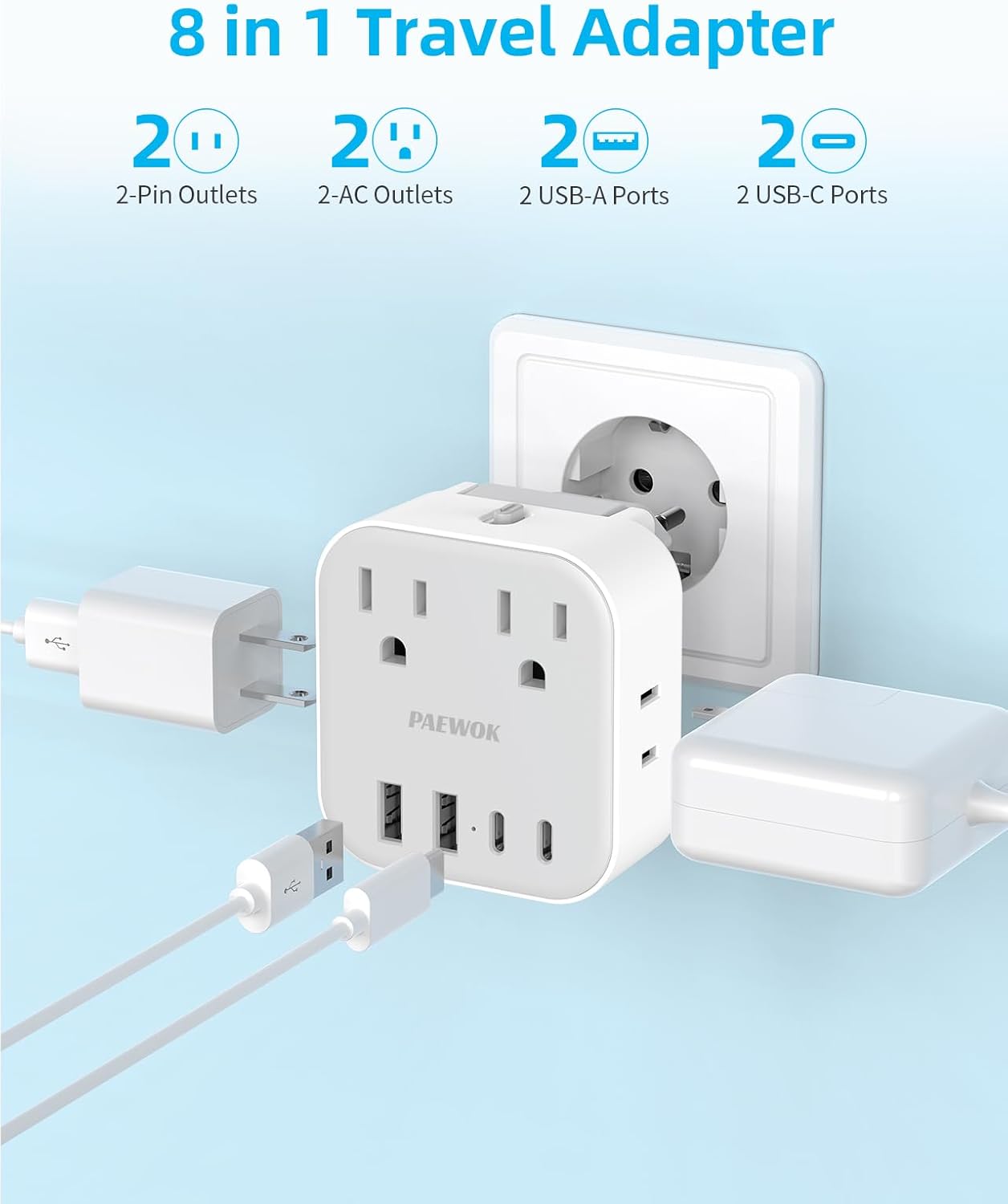 European Travel Plug Adapter Set, 8-in-1 Travel Adapter with 4 AC, 4 USB Ports (2 USB C), US to UK/EU Universal Travel Adapter, International Power Adapter with Type C/G/D/L/A/I Detachable Plugs - Image 3