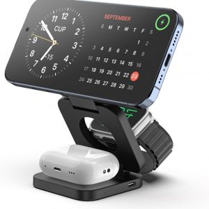 KU XIU Fast Wireless Charger, Magnetic Foldable 3 in 1 Charging Station for iPhone 17/16/15/14/13/12/Pro/Plus/Pro Max, 5W Portable Charger for Apple Watch10/9/8/7/6/5/4/3/SE, for Airpods3/2/Pro-Black