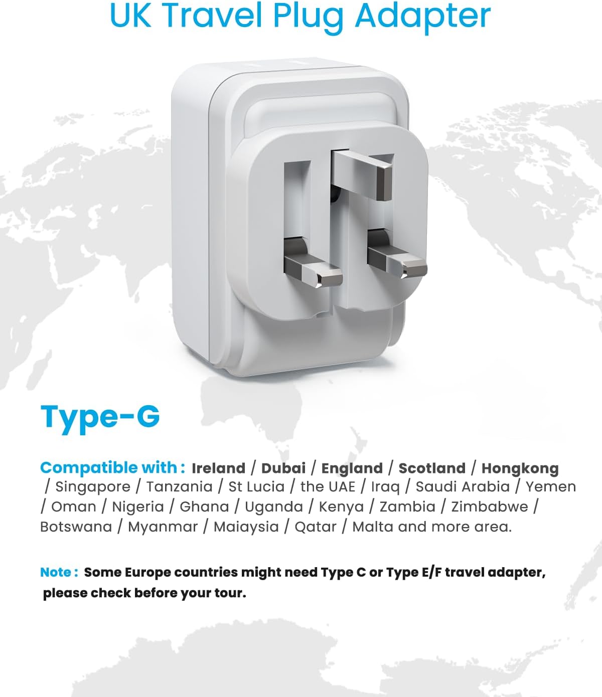 2 Pack US to UK Ireland Plug Adapter, VINTAR Foldable Type G Power Adapter, UK Travel Adaptor with 2 Outlets and 3 USB(2 USB C Ports) for England Scotland Ireland London Dubai Singapore Hong Kong - Image 3