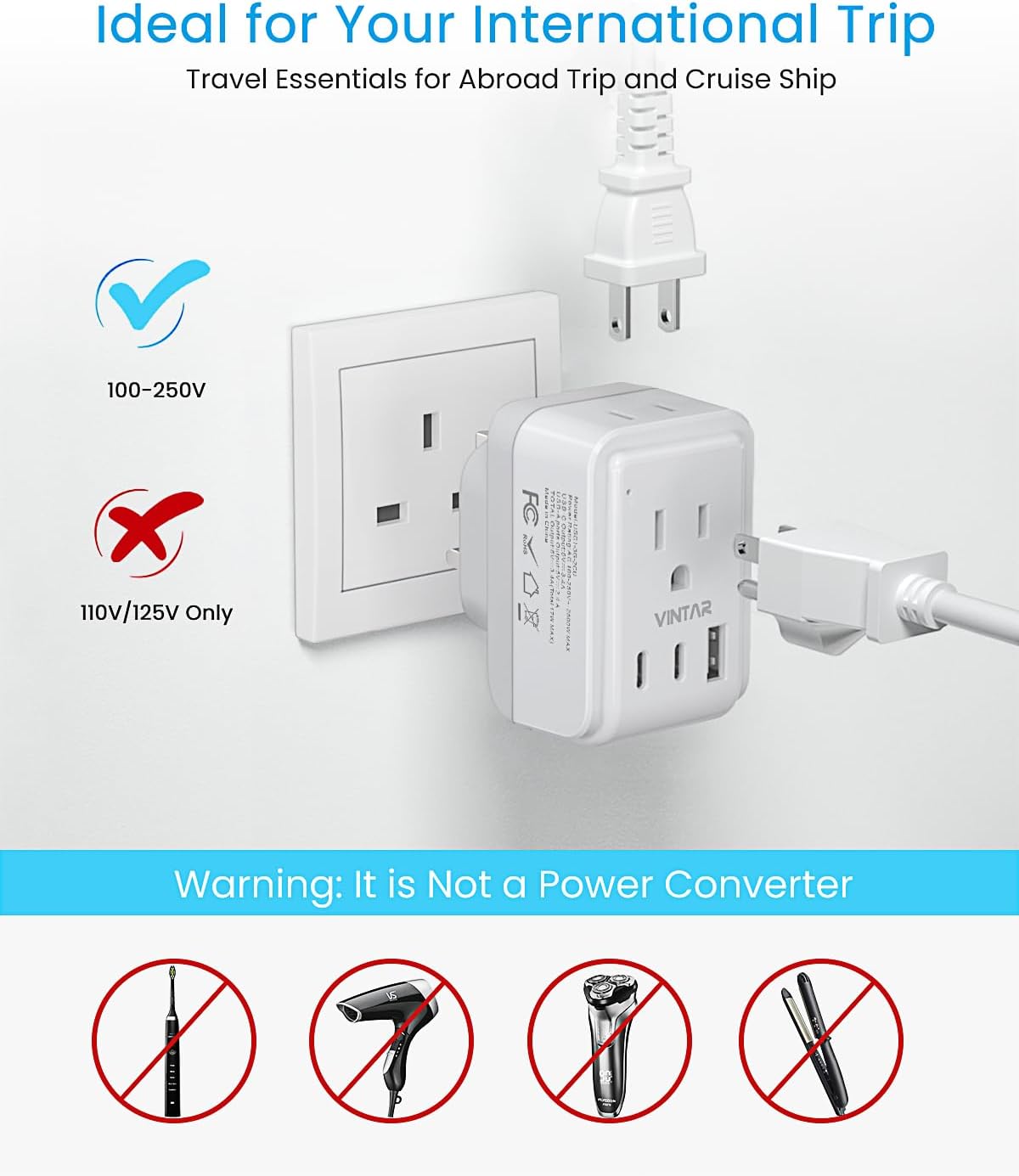 2 Pack US to UK Ireland Plug Adapter, VINTAR Foldable Type G Power Adapter, UK Travel Adaptor with 2 Outlets and 3 USB(2 USB C Ports) for England Scotland Ireland London Dubai Singapore Hong Kong - Image 6