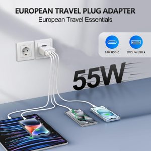 European Travel Plug Adapter USB C, 55W USB C European Charger 4-Port Fast Charger Type C Wall Charger USA to Europe Plug Adapter for iPhone 17 16 15 14 13 12 11 Pro Max X 8, Galaxy, Android