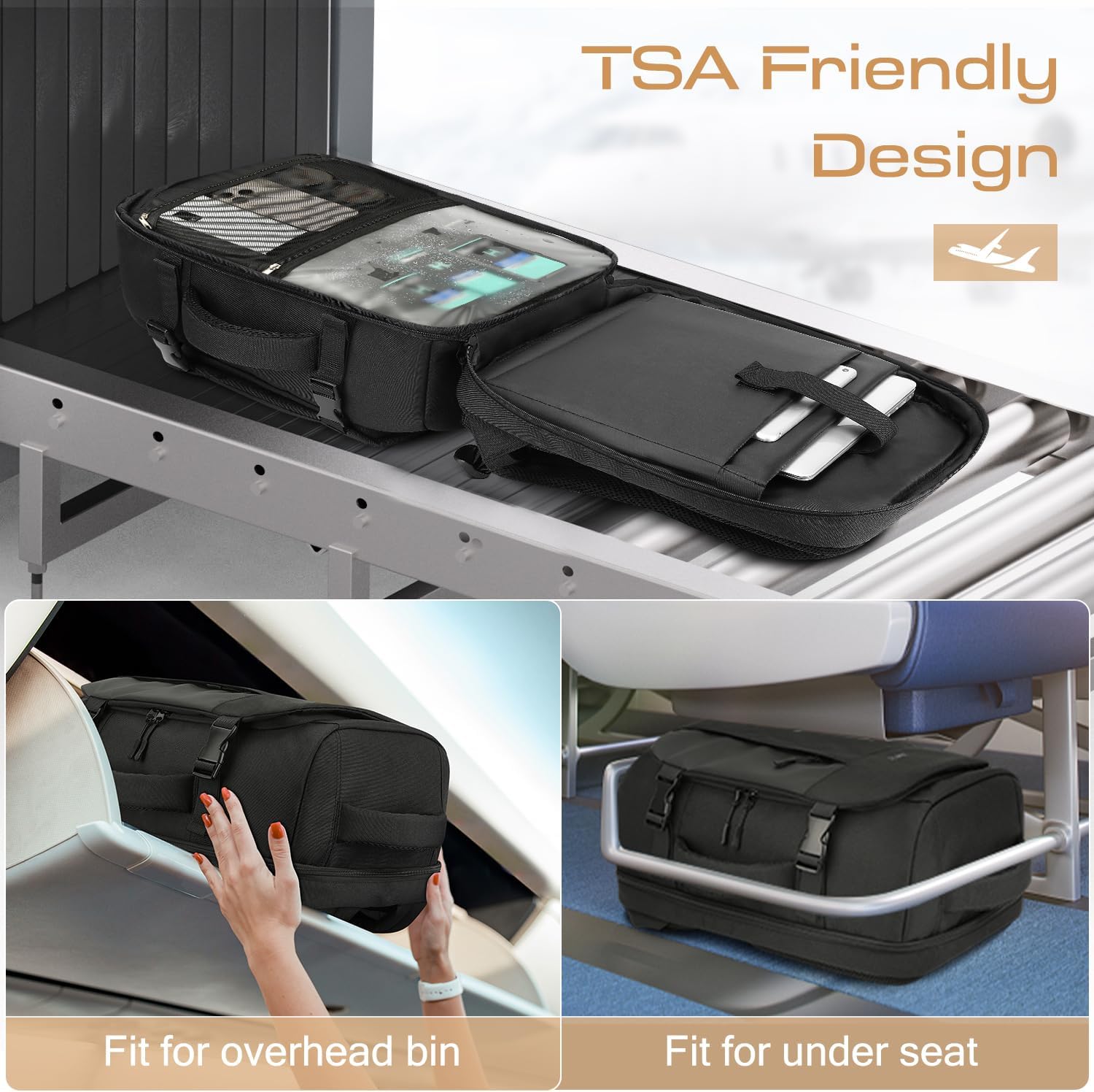 ZOMFELT Travel Backpack for Men Women, TSA Friendly Flight Approved Carry on Backpack, 15.6 Inch Laptop Backpack Water Resistant, Personal Item Travel Bag for Business Work College Computer Bag, Black - Image 3