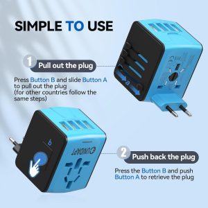 Unidapt Universal Travel Adapter, International Plug Adapter Fast 2,4A 4-USB European Power Plug, AC Wall Charger – Worldwide Outlet for Europe US USA UK EU AUS, Blue
