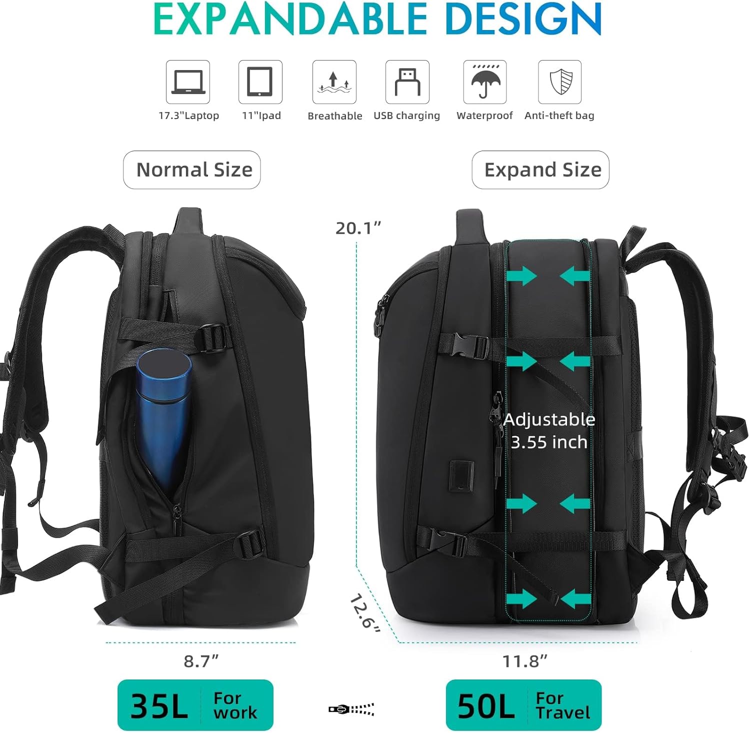 Travel Carry on Backpack 50L Expandable Flight Approved Backpacks 17.3 inch Laptop and USB Charging Port bags Water Resistant Business Back Pack for Women & Men - Image 5