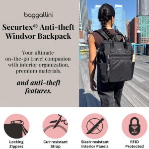 Baggallini Securtex Anti-Theft Windsor Backpack for Travel, Work & College, RFID & Locking Zipper, Up to 16″ Laptop
