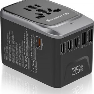 Universal Travel Adapter, PD 35W 7 in 1 International Power Plug Adapter with 7.0A 4 USB-C and 2 USB-A Fast Wall Charger, Worldwide AC Outlet for US Europe UK AUS (Black+Silver)