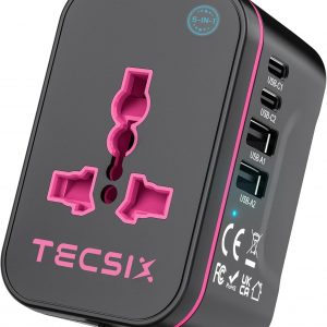 Universal Travel Adapter Worldwide, TECSIX European Travel Plug Adapter with 2 USB C, 2 USB A and Multi AC Outlets, International Power Converter for EU US UK AUS 200+ Countries Type A C G I