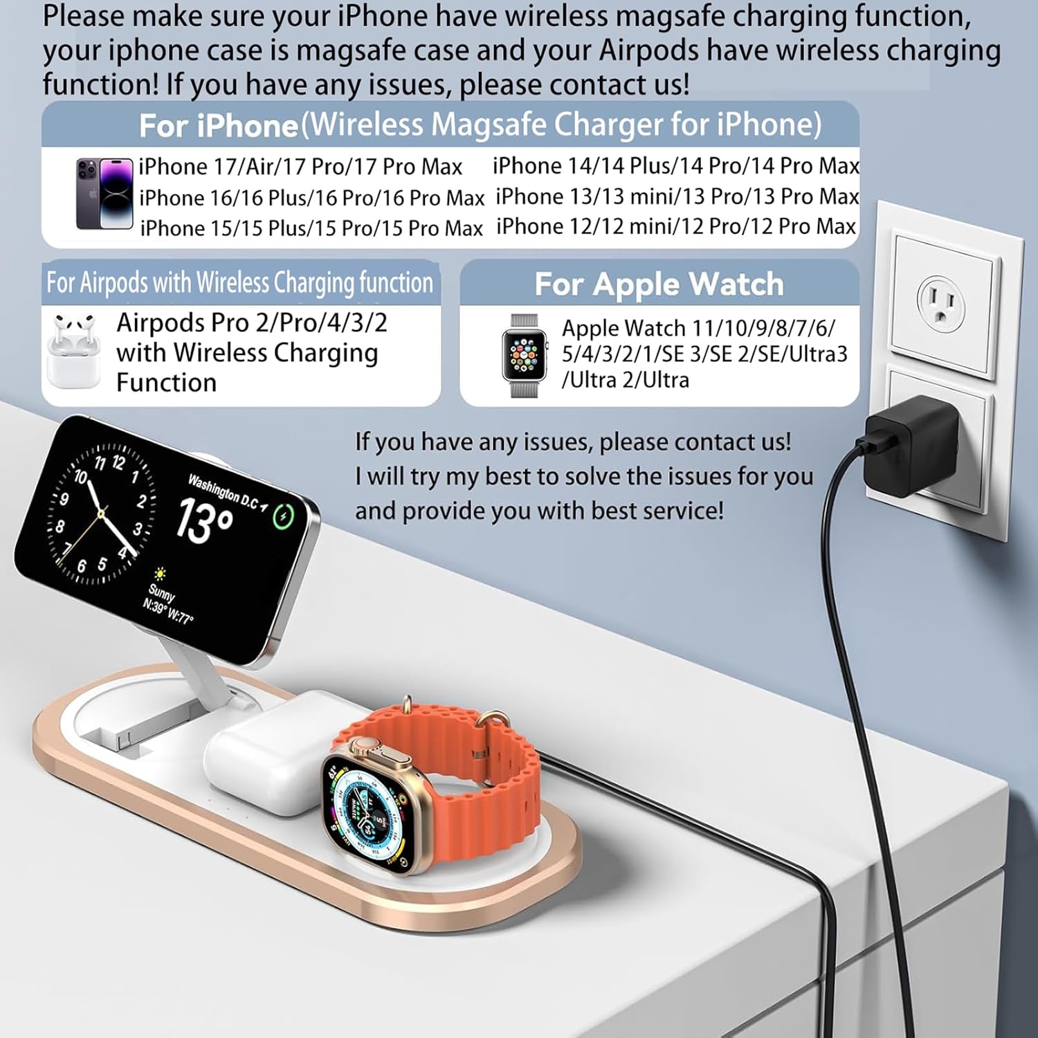 3 in 1 Fast Wireless Charger Stand for iPhone, Foldable Travel Charging Station for Magsafe for iPhone 17/Air/16/15/14/13/12 Series, Apple Watch Series, AirPods pro/2/3/4, Gifts for Women Men (Golden) - Image 2