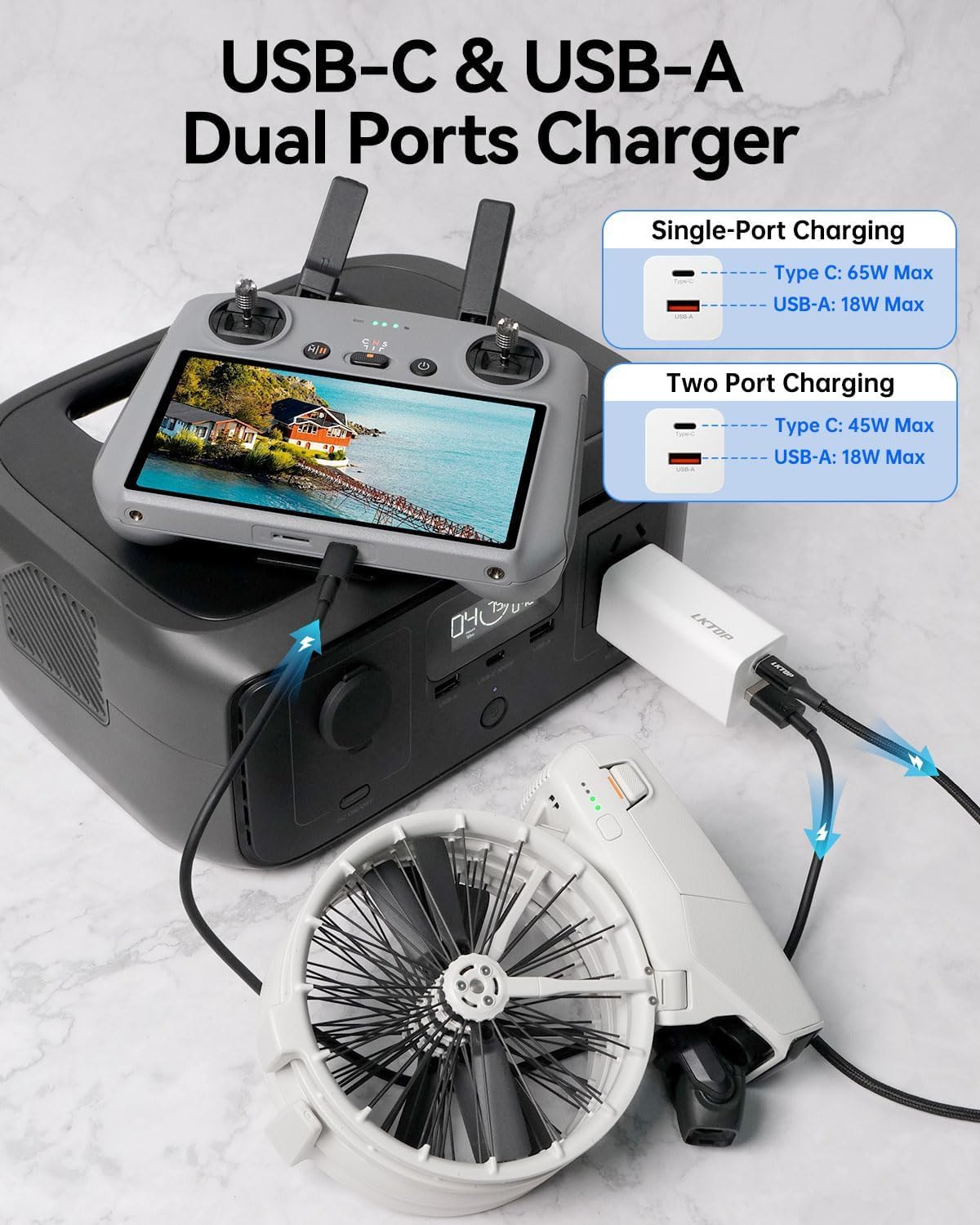 LKTOP 65W Super Fast Battery Charger USB-C/A Portable Charging for DJI/Specta Air 3/Mavic 3/Avata/Flip/Mini/Neo Series Drone, Charging Hub, Controller, Osmo Pocket 3/2, Action 6/5 Pro/4/3, Goggles 2 - Image 6