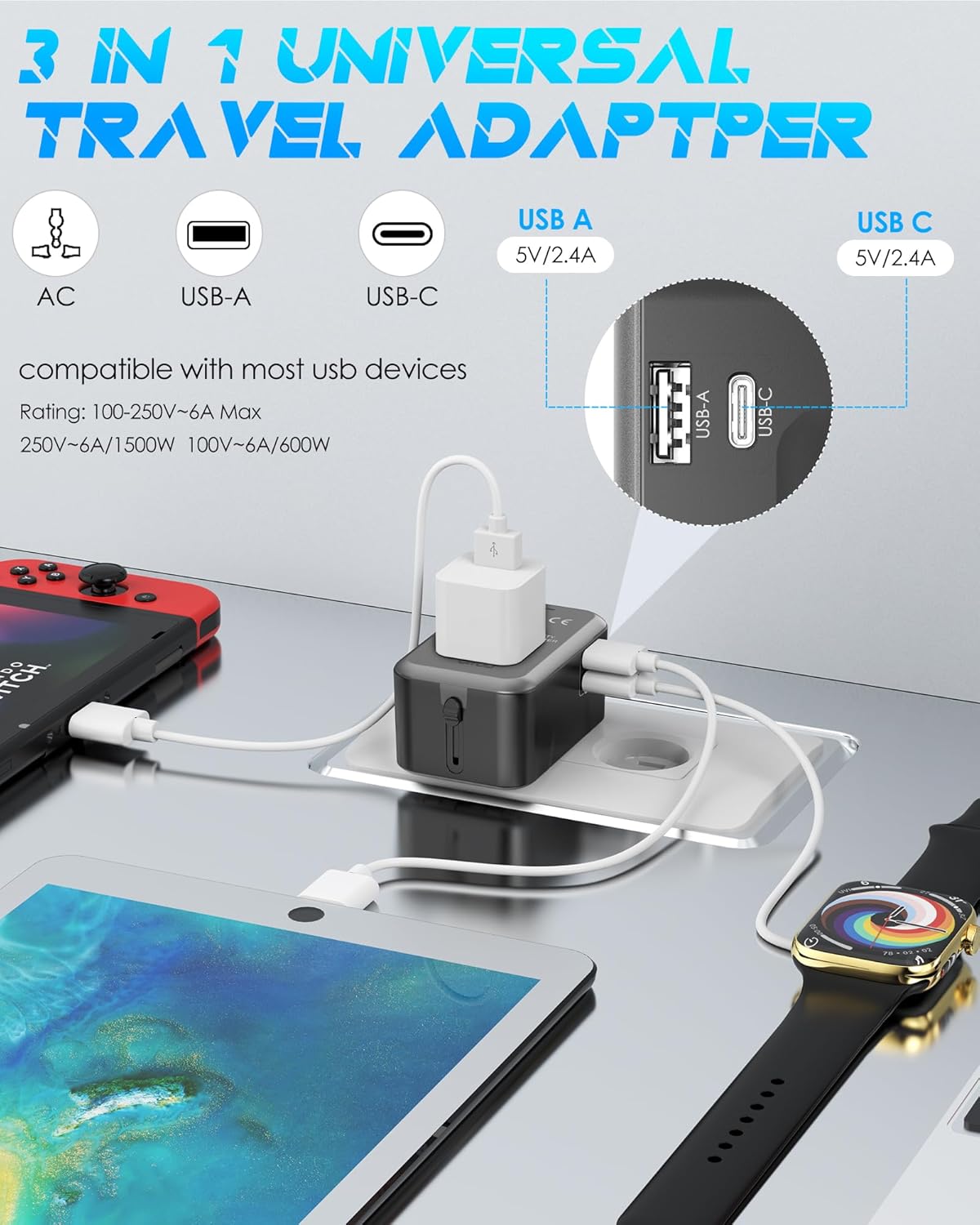 Universal Travel Adapter with 2 USB A/C Ports & 2500W AC Outlet, International Plug Adapter Converter, Type C/A/G/I All in One Wall Charger Worldwide Travel Adaptor for US to EU UK AUS Asia - Image 4