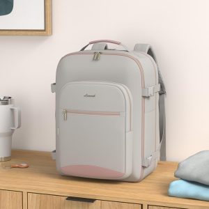 LOVEVOOK Travel Backpack for Women & Men 40L,Airline Approved Carry On Backpack Travel Essentials,TSA Carry on Luggage,Waterproof Personal Item Travel Bag,Suitcase with 3 Packing Cubes,Light gray-Pink