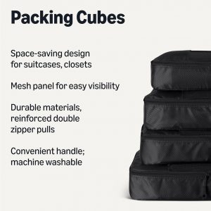Amazon Essentials 4-Piece Packing Cubes Travel Accessories Set, Luggage Organizer with Double Zipper, Mesh Top, 100% Polyester, Large, Black (Previously Amazon Basics)