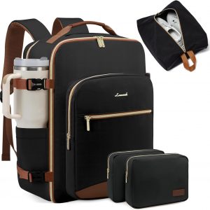 LOVEVOOK 40L Large Travel Backpack for Women Men, 17 Inch Carry on Backpack for Traveling on Airplane, Personal Item Bag Airline Approved, Business Causal Weekender Backpack, Black-Brown