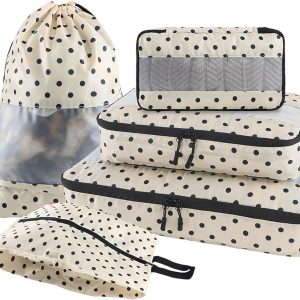 U+U 5 Set Packing Cubes for Travel Essentials Ultralight Luggage Packing Organizers with Laundry Bag and Shoe Bag for Vacation, Business Trip and Camping (Polka Dot)