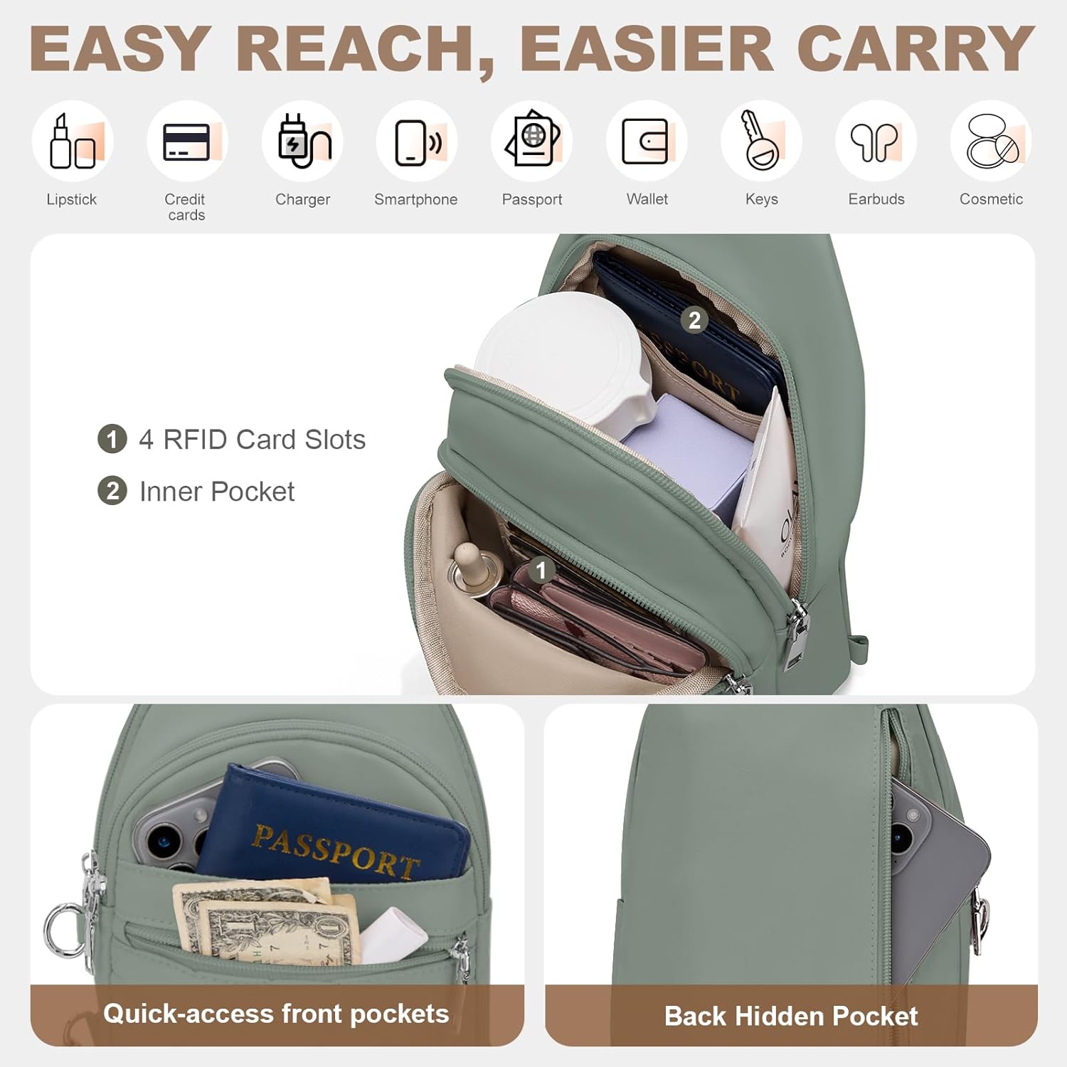 Sling Bag for Women, Anti-Theft RFID Crossbody Bag Nylon Sling Purse for Travel, Puffy Small backpack for Daily Hiking Sports Green - Image 4