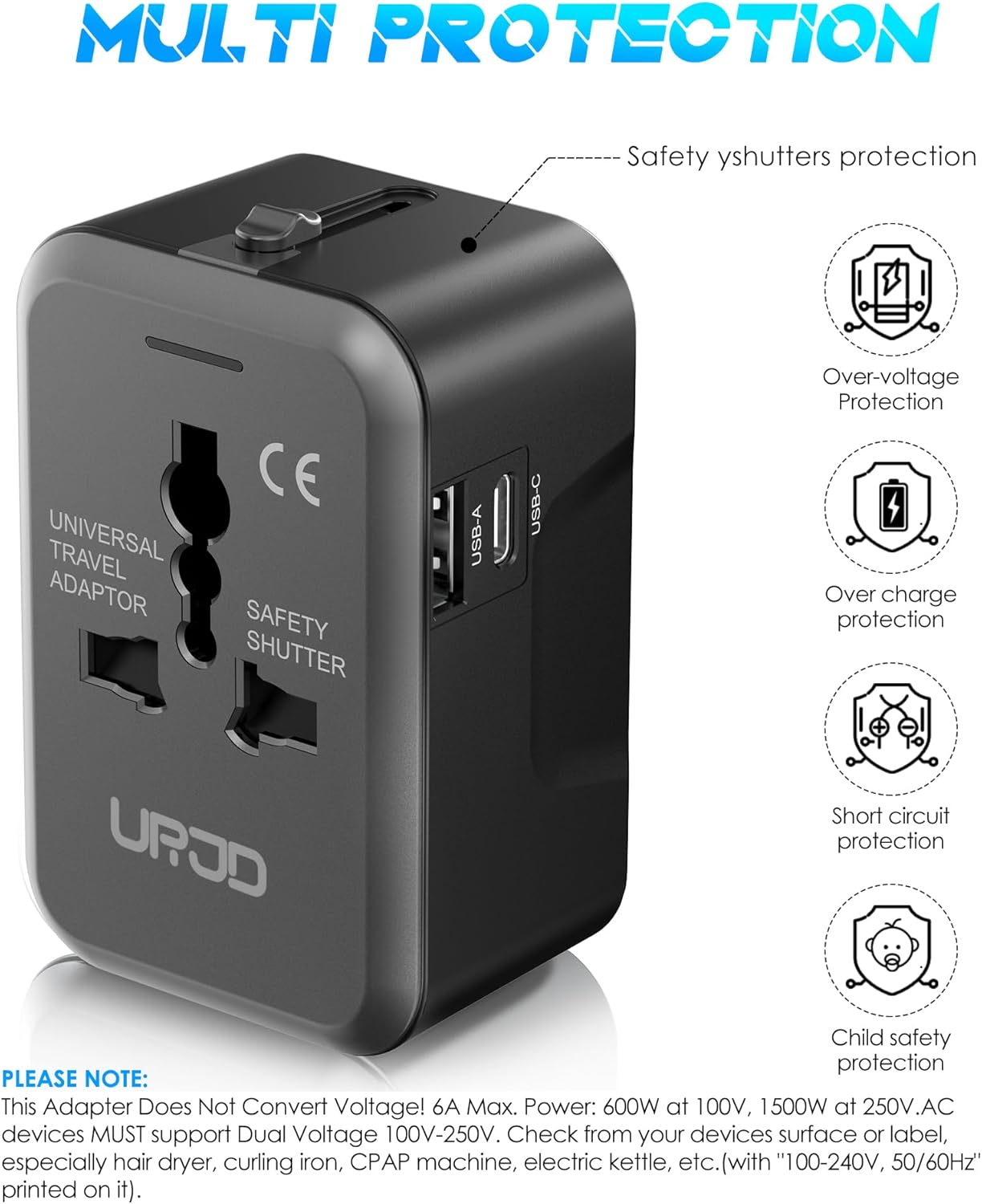 Universal Travel Adapter with 2 USB A/C Ports & 2500W AC Outlet, International Plug Adapter Converter, Type C/A/G/I All in One Wall Charger Worldwide Travel Adaptor for US to EU UK AUS Asia - Image 6