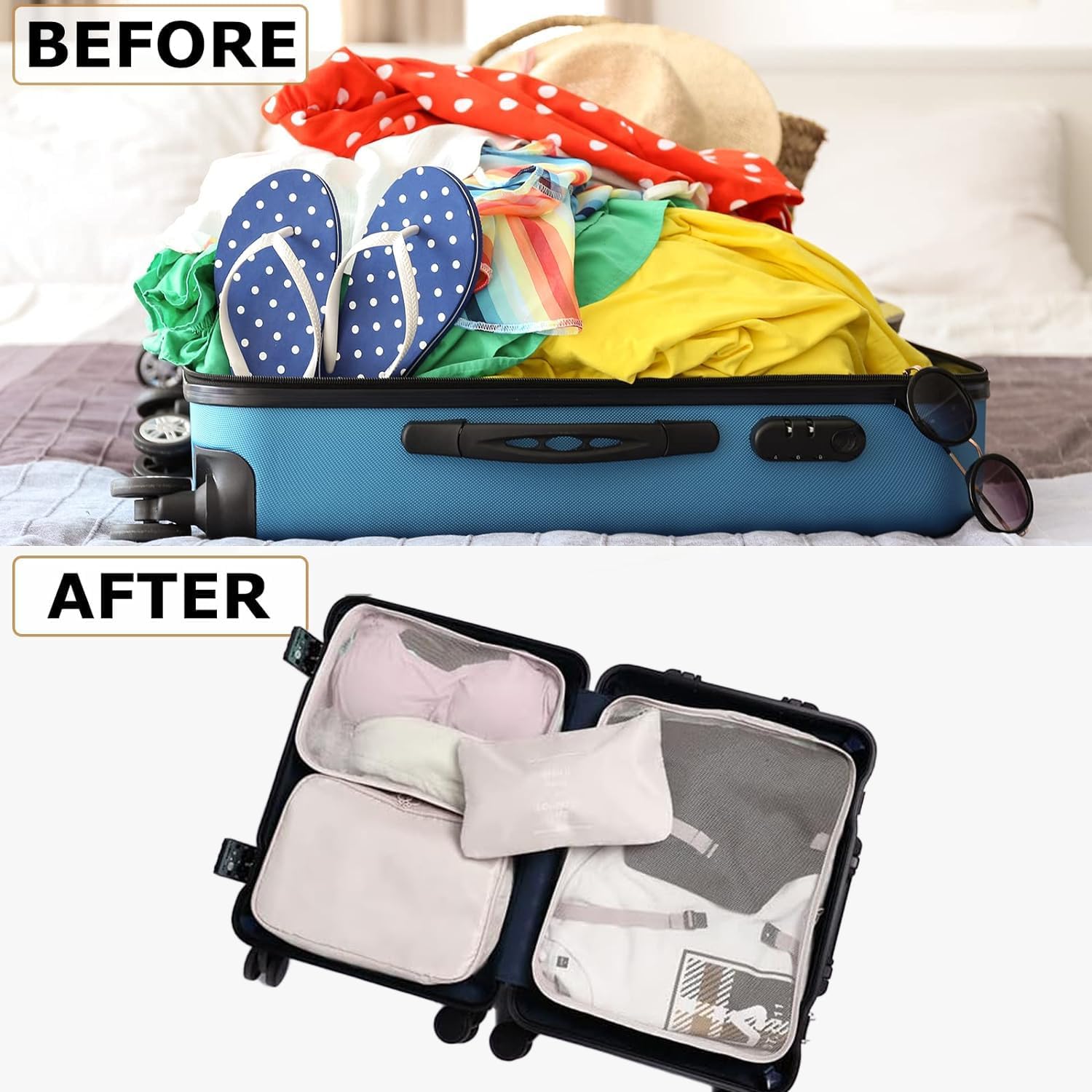 6 Set Packing Cubes for Travel, Luggage Organizers with Shoe & Toiletry Bags, Lightweight Suitcase Organizer for Carry-On, Washable Laundry Bags (Beige) - Image 4