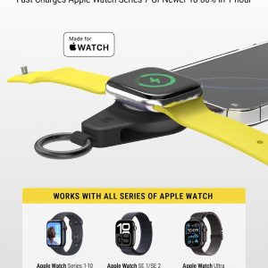 Scosche Fast Charging USB-C Powered Plug-in Travel Charger for Apple Watch, Mini Portable Magnetic Charger Keychain for iWatch Compatible with Apple Watch Series 10/9/8/7/6/5/4/3/2 Ultra 2/SE, Black