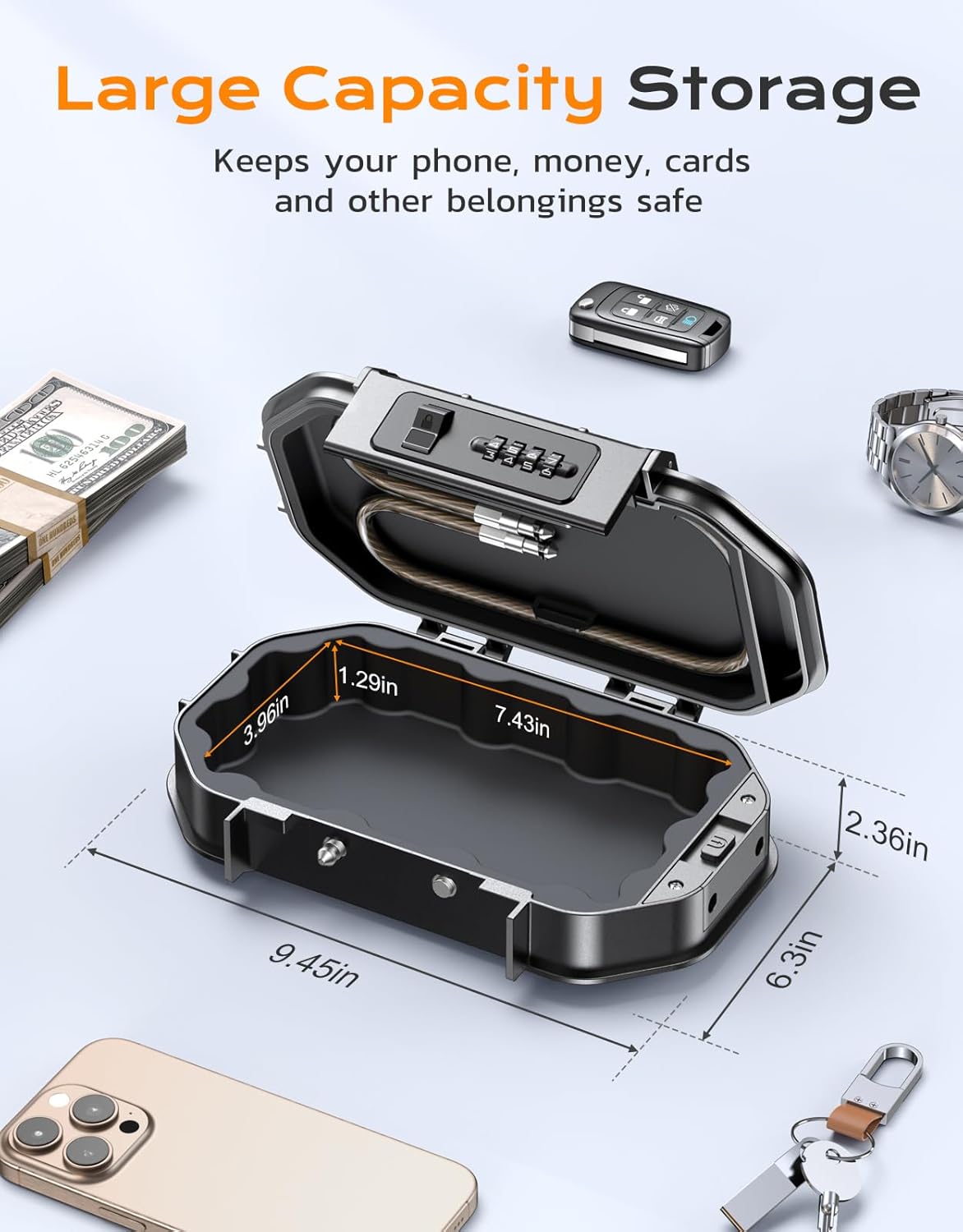 Portable Travel Safe Lock Box Waterproof & Durable, 4-Digit Combination Anti-Theft Personal Beach Safe with Removable Steel Cable, Small Security Case Lock Box for Beach/Travel/Hotel/Dorm - Image 5