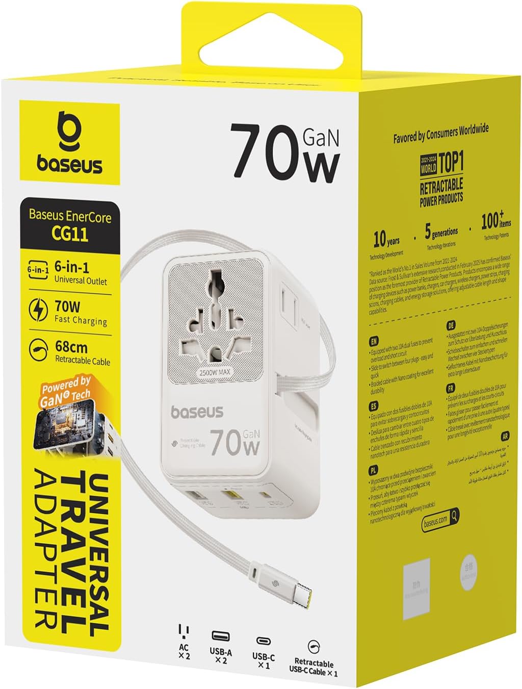Baseus 70W Universal Travel Adapter with Retractable Cable, 6-in-1 International Plug Adapter, USB-C PD Fast Charging Worldwide Wall Charger for USA/EU/UK/AUS and Over 200 Countries (Off-White) - Image 8