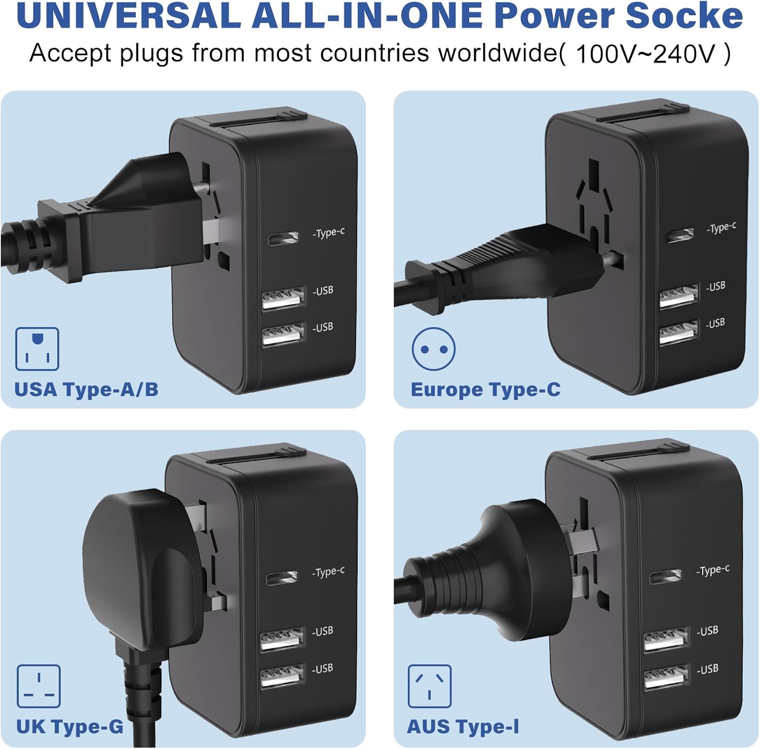 Travel Plug Adapter with 2 USB A+1 USB C,Universal All in One Worldwide Travel Adapter,Power Converters Wall Charger,AC Power Plug Adapter,International Power Adapter for USA EU UK AUS Black - Image 6