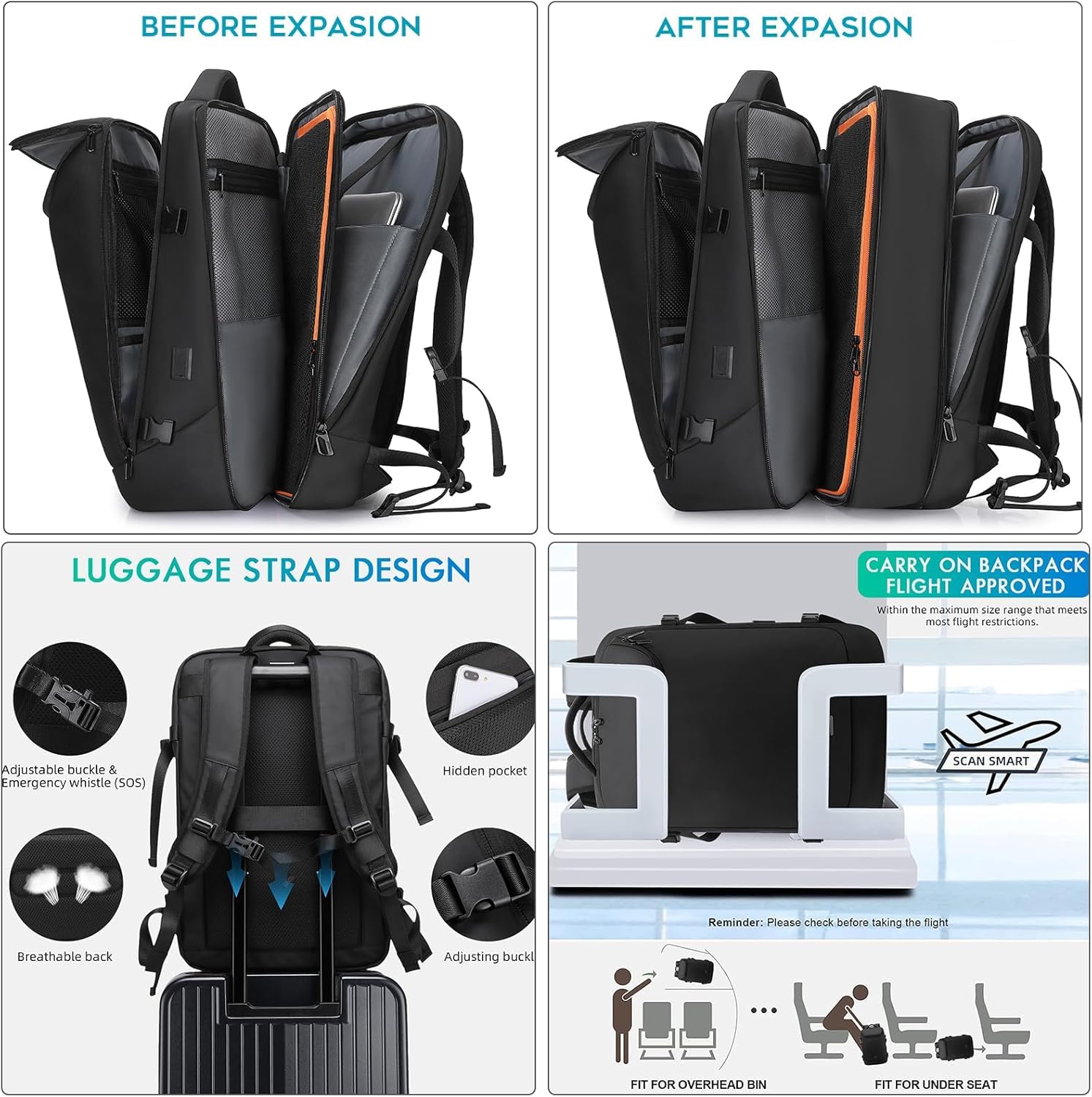 Travel Carry on Backpack 50L Expandable Flight Approved Backpacks 17.3 inch Laptop and USB Charging Port bags Water Resistant Business Back Pack for Women & Men - Image 6