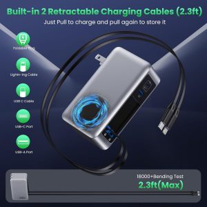 120W USB C Charger Block with 2 Built-in Retractable Cables,4-in-1 GaN IV Foldable Plug Wall Charger Fast Charging Station,PD 65W Laptop Adapter for MacBook/iPad,iPhone 17/16/15/14,Galaxy,Android etc
