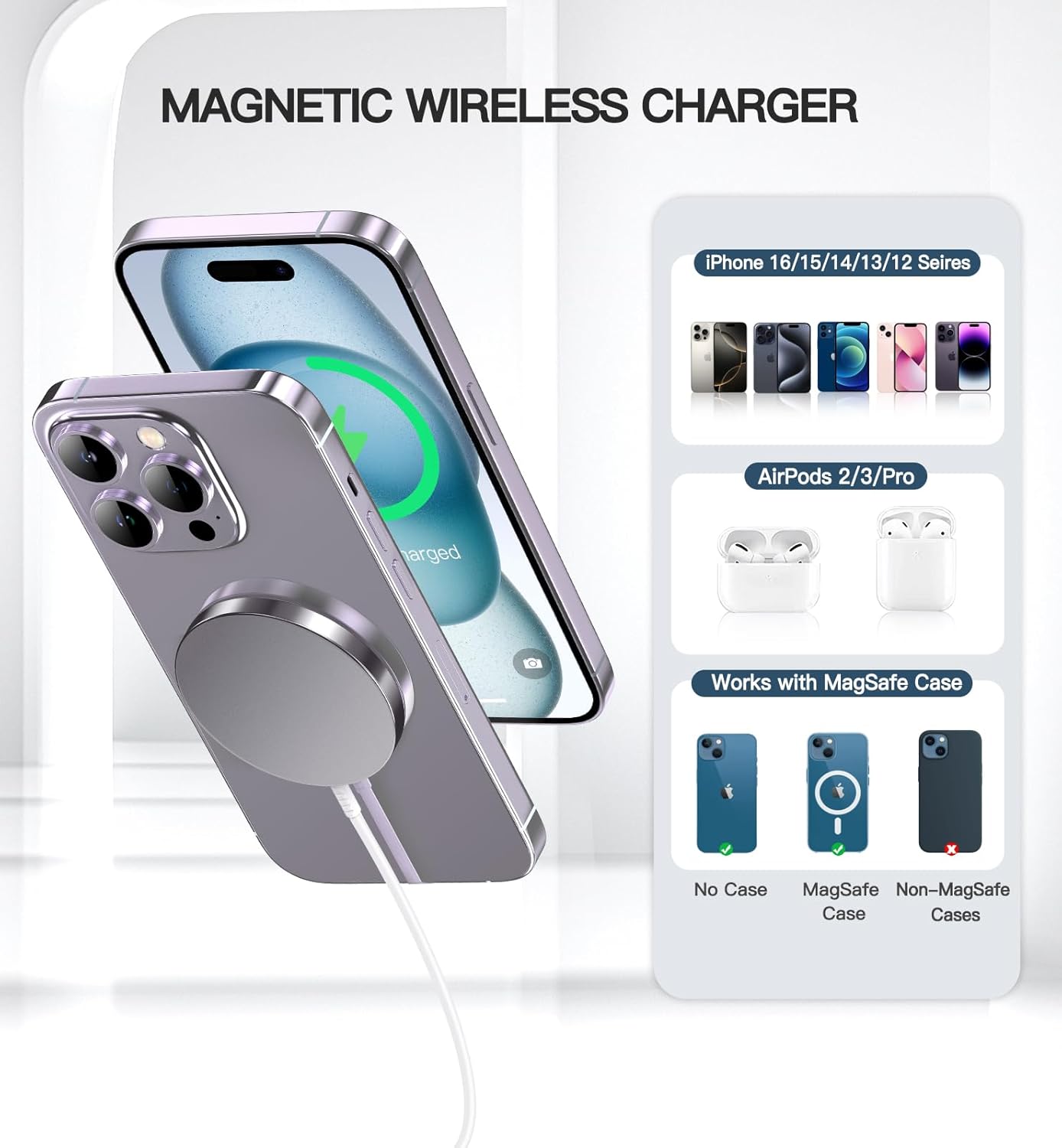 Magnetic Wireless Charger 15W Fast Mag Safe Charger for Cell iPhone 17 Pro Max/17 Pro/17 Air/17/16/15/14/13/12 Series 2 Pack Charging Pad for AirPods 3/2/Pro 2/Pro Mag-Safe Original Replacement - Image 3