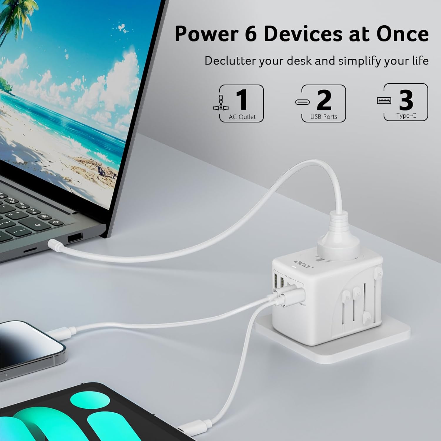 Acer Universal Travel Plug Adapter - International Power Adapter with 5 USB Ports (3 USB C) 5.8A, Worldwide Outlet Charger for USA to European UK France Germany Spain, Type C/E/F/G/I/L/A, White - Image 3