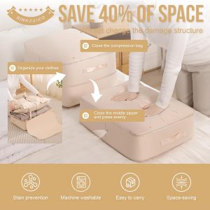 Ultra Space Saving Self Compression Organizer,Packing Cubes,Waterproof And Moisture-Proof,High Capacity,For Blankets Clothes Duvet Comforter（Oatmeal 21.2 * 16.2 * 11.8 In）