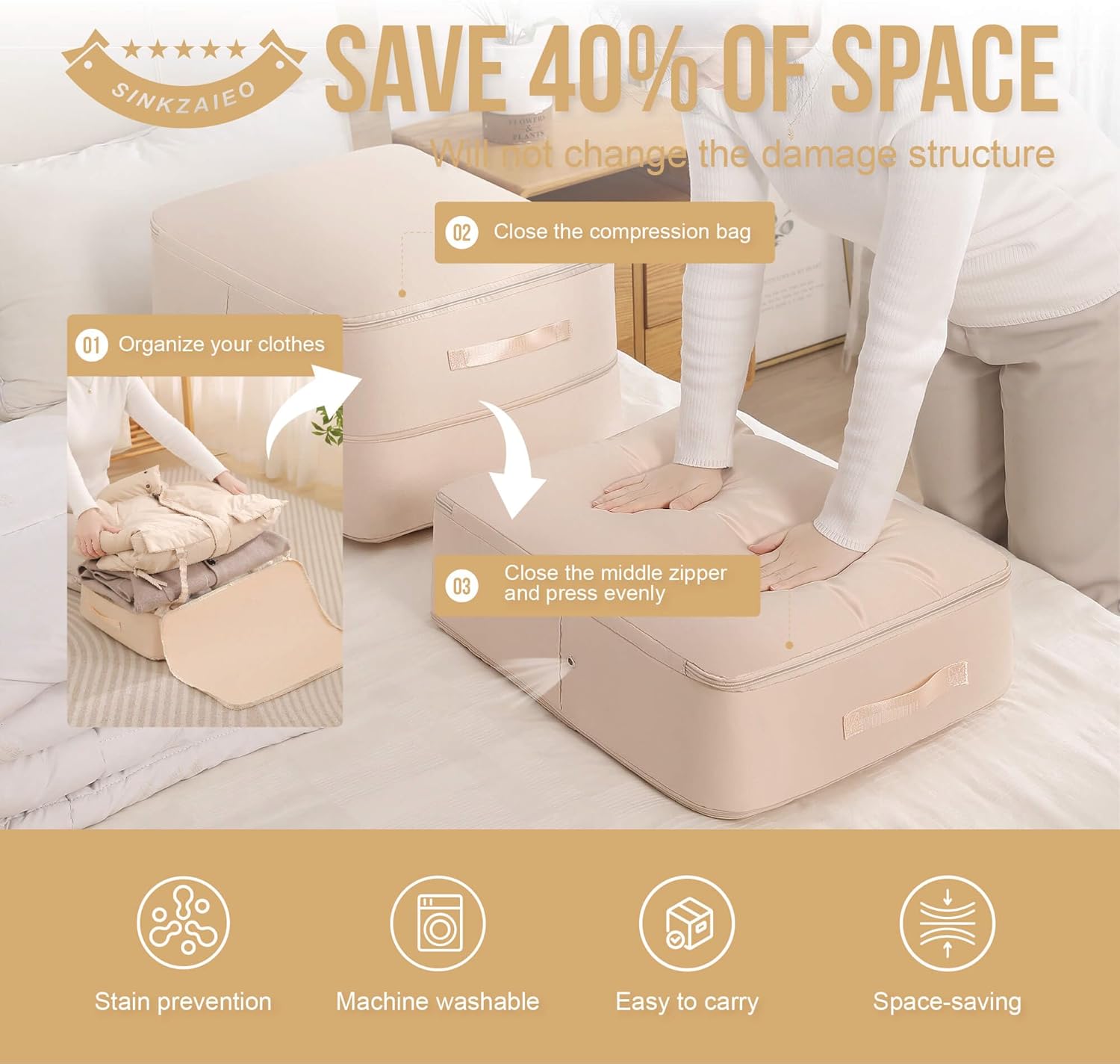 Ultra Space Saving Self Compression Organizer,Packing Cubes,Waterproof And Moisture-Proof,High Capacity,For Blankets Clothes Duvet Comforter(Oatmeal 21.2 * 16.2 * 11.8 In) - Image 2